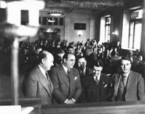 Al Capone fighting his case, accompanied by his lawyer, and body guard on Oct. 5, 1931| courtesy of the Chicago History Museum.