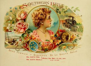 Colorful cigar label of a Southern Belle, a rail train, an enslaved man and master