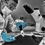 Image is in black and white, with the only color are the blue gloves worn by a woman in the image. Female Forensic Scientist in a laboratory station, standing next to a stereomicroscope. She is examining blood from a knife, using a cotton swab, while wearing gloves.