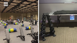 Photo of Men's NCAA Tournament weight room on the left and Women's on the right.