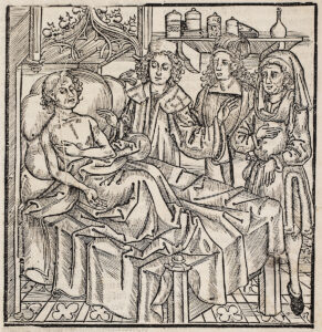 An illustration detailing an attempted treatment of a victim of the Black Death.