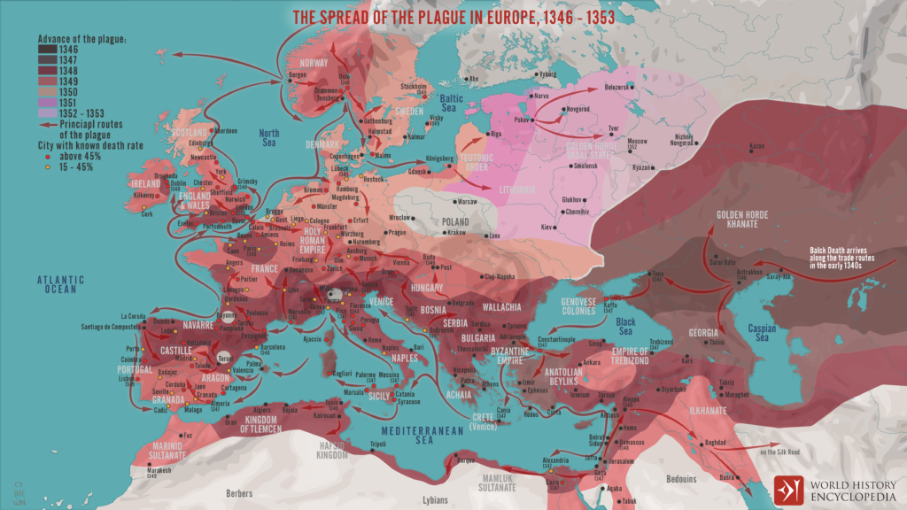 A map of the spread of the Black Death, 1346-1353.