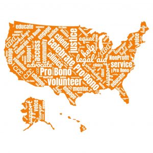 Image of United States outline with pro bono volunteer and words associated with social justice listed.