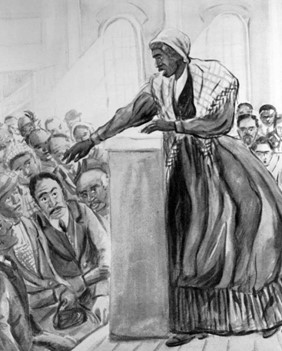 Sojourner Truth is seen in this picture speaking passionately to an attentive crowd from a podium. Her strong presence communicates her passionate dedication and the audience around her seems captivated, demonstrating the impact of her words. (Sojourner Truth giving her famous speech at the Ohio Women's Rights Convention in Akron in 1851) (Google)