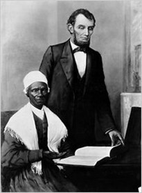 The picture shows Sojourner Truth sitting next to Abraham Lincoln while they both have their eyes fixed on a book. Truth's, a well-known abolitionist and fighter for women's rights, tenacity and resolve are evident in her expression. Abraham Lincoln is seen wearing his suit, and Sojourner is wearing more humble clothes. The image reflects Truth's crucial role in promoting the rights of African Americans and documents a historic moment of cooperation in the struggle for freedom and equality. (Painted by Franklin C. Courter (1893))