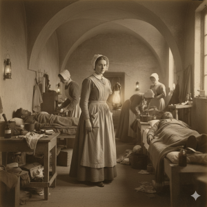 AI-created image showing the significance of "Lady with the Lamp" as Florence Nightingale tends to patients at all times of day.