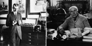 Tesla and Edison in their offices