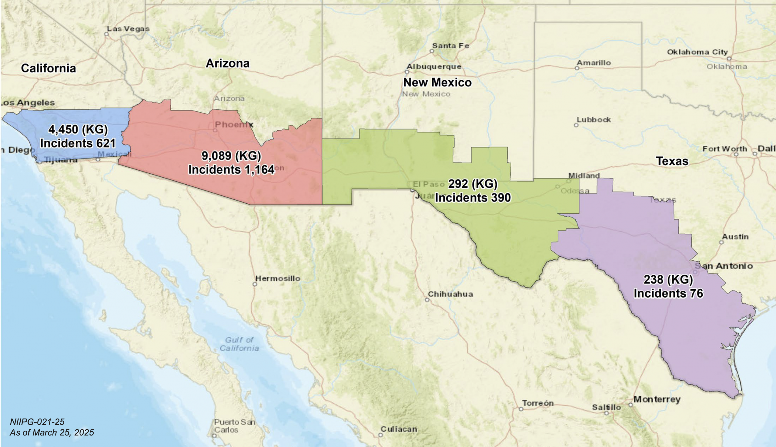 Fentanyl seizures along the U.S.–Mexico southwest border by state in 2024